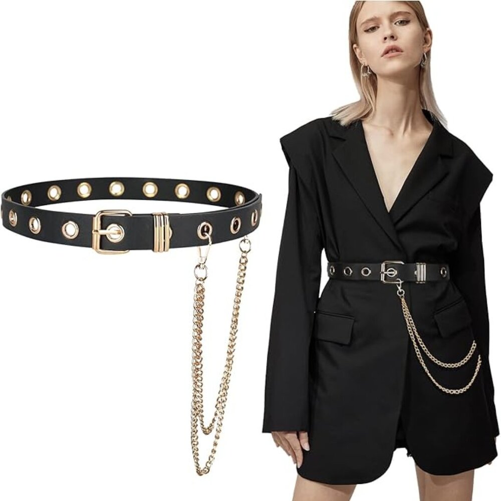 Grommet Leather Belt with Detachable Chain